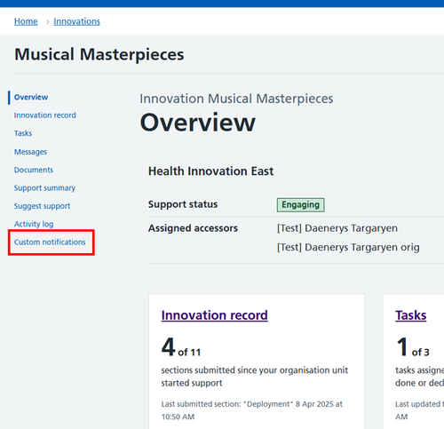 Screenshot of the innovation record overview.