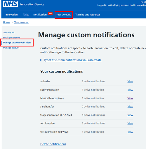 Screenshot of 'manage custom notifications' list.